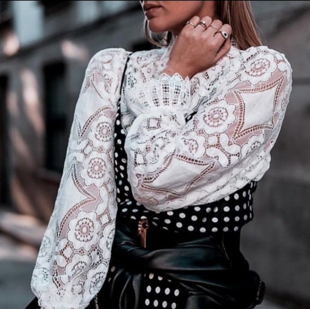 Boho White Lace Top Long Sleeve White Retro Vintage - Picture 6 of 10